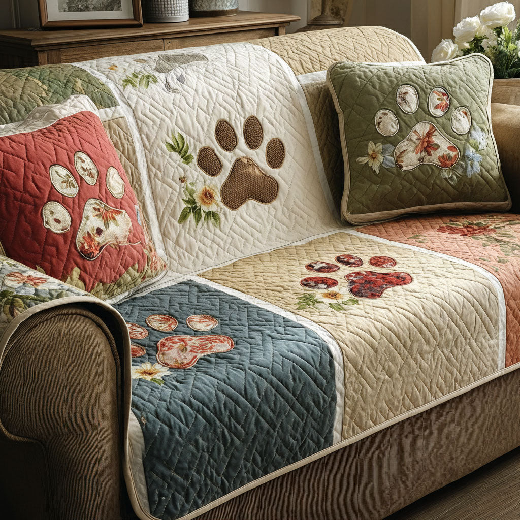 Floral Paws Quilted Sofa Cover Furniture Protectors For Sofas Dog Related Presents