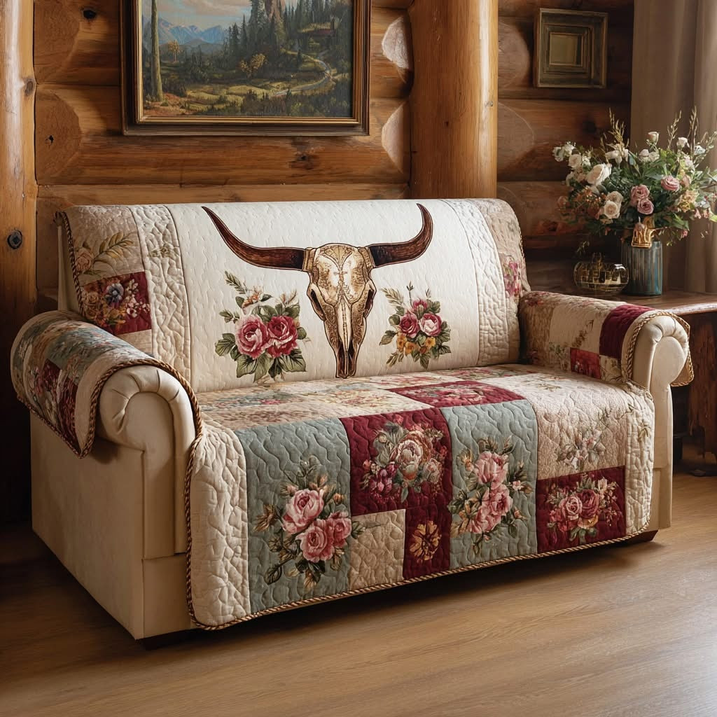 Floral Prairie Skull Quilted Sofa Cover Sofa Protector Cover Mother's Day Gifts For Mom