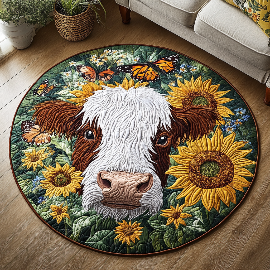 Floral Steer Quilted Round Mat Home Front Door Design Happy Fathers Day Farmer