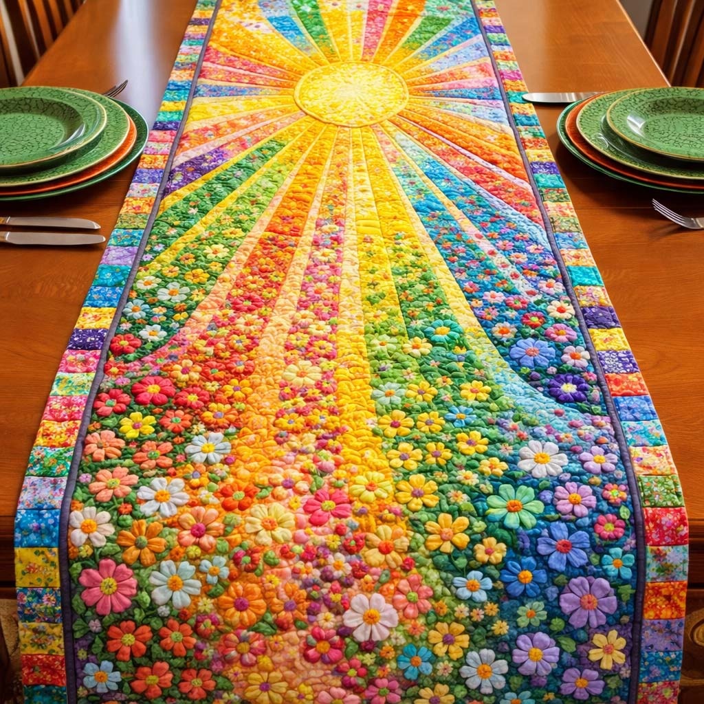 Floral Sunburst Quilted Table Runner Rustic Kitchen Dining Decor Gift For Cozy Family Home