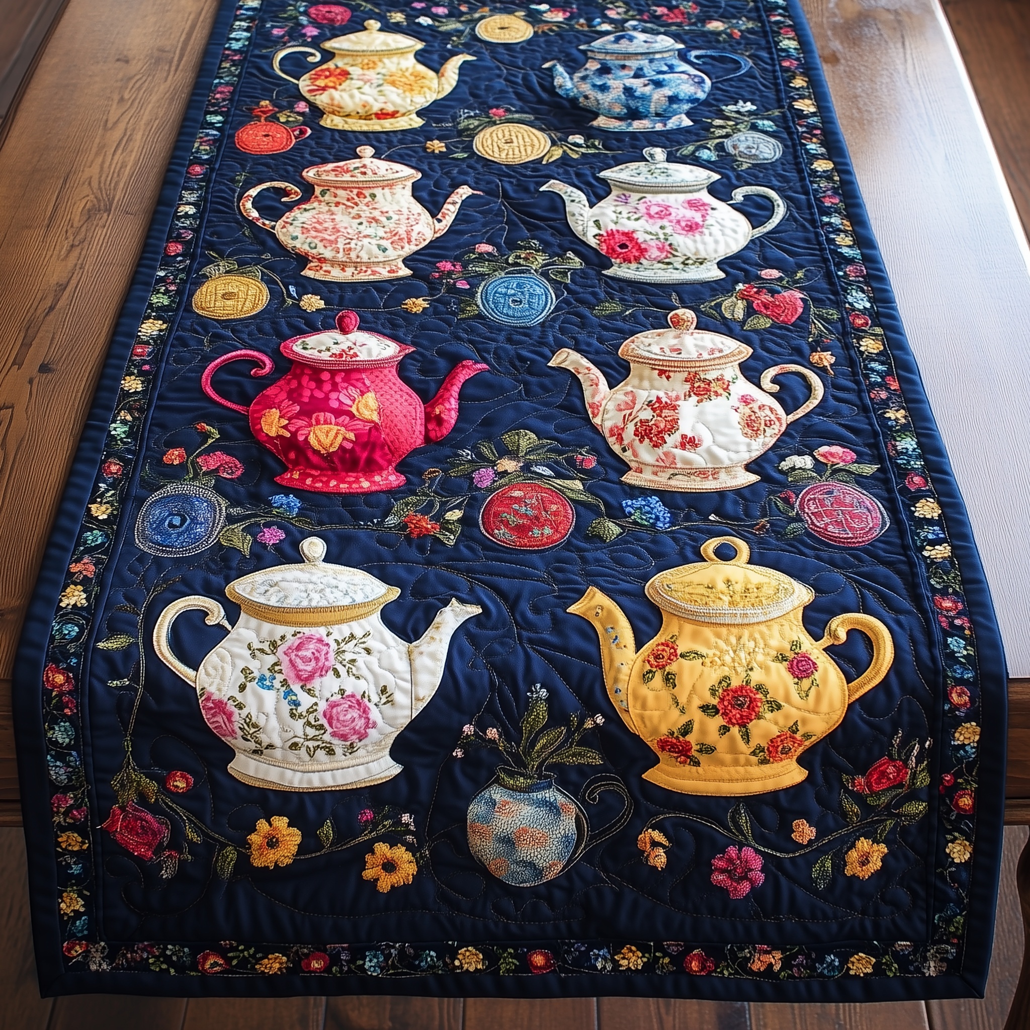 Floral Teapot Quilted Table Runner Rustic Kitchen Dining Decor Gift For Cozy Family Home