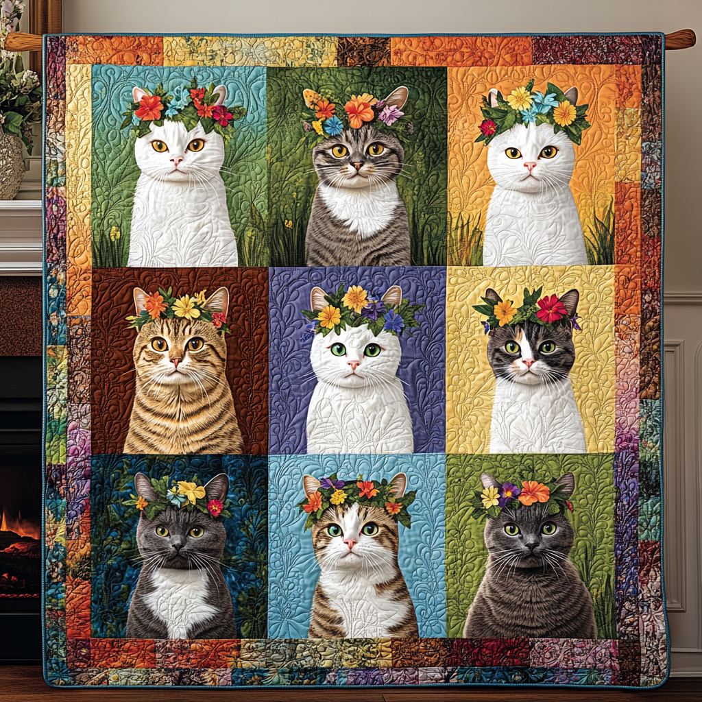 Floral Whiskers Quilted Blanket Bed Decor Unusual Gifts For Cat Lovers