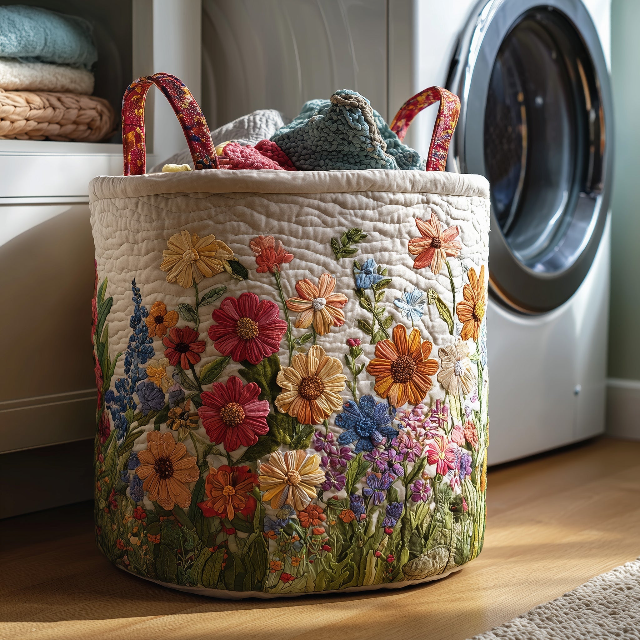 Flower Field Quilted Laundry Basket Foldable Fabric Clothes Basket Gift For Flower Fan