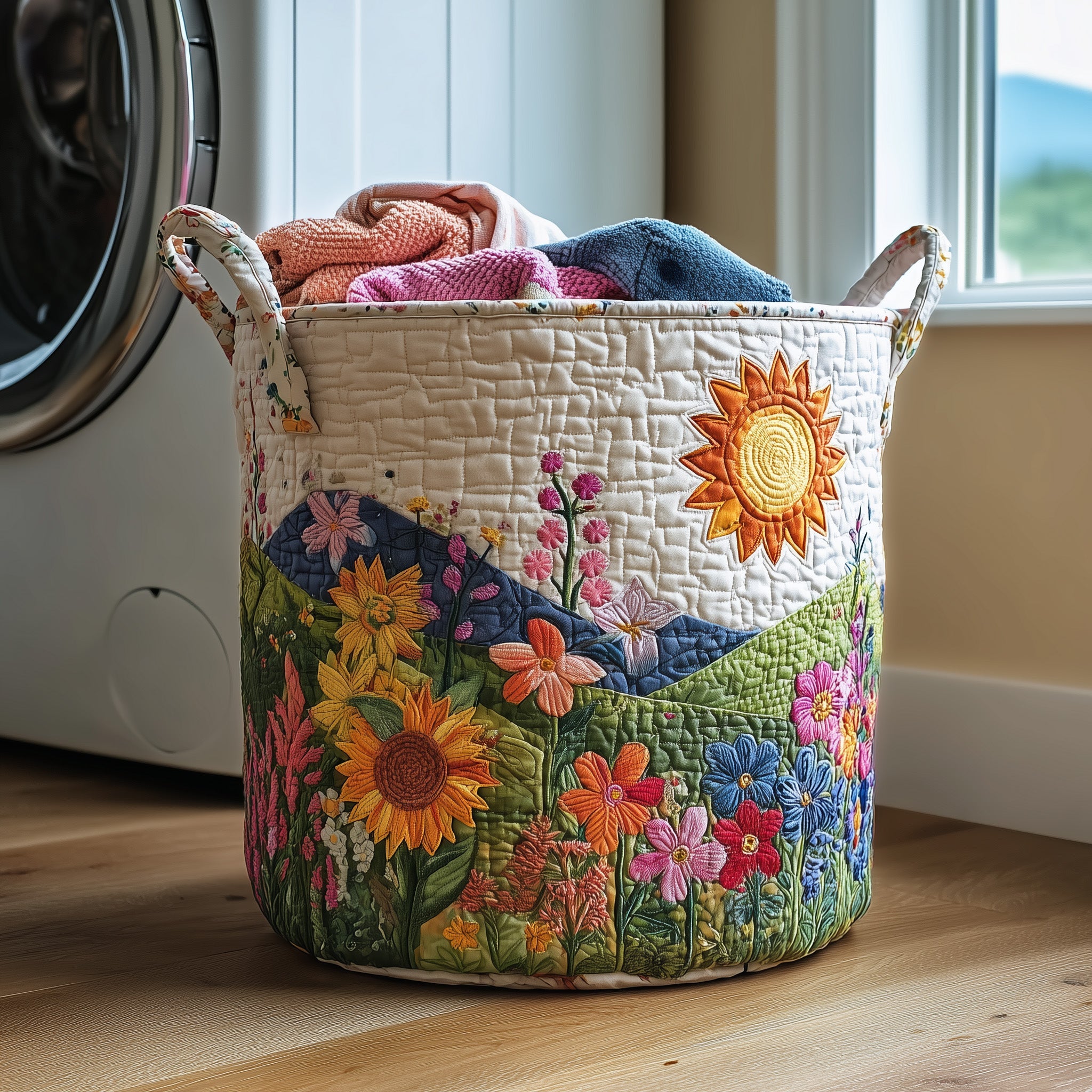 Flower Field Quilted Laundry Basket Foldable Fabric Clothes Gift For Sunflower Fan
