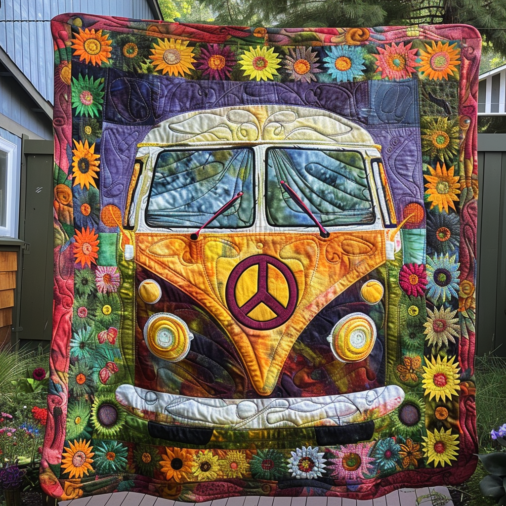 Flower Power Bus Quilted Blanket Boho Bedroom Furniture Top Mother's Day Gifts