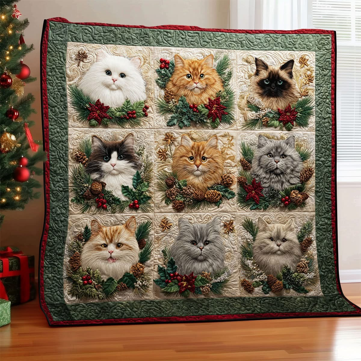 Fluffy Cat Christmas Quilted Blanket Lovely Xmas Gifts For People Like Cat