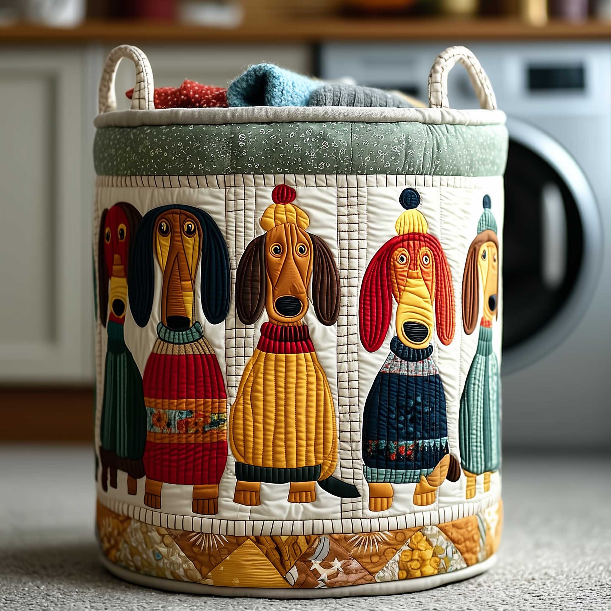 Folk Dogs Village Quilted Laundry Basket Colorful Dog Folk Art Hamper Pet Lover Gift