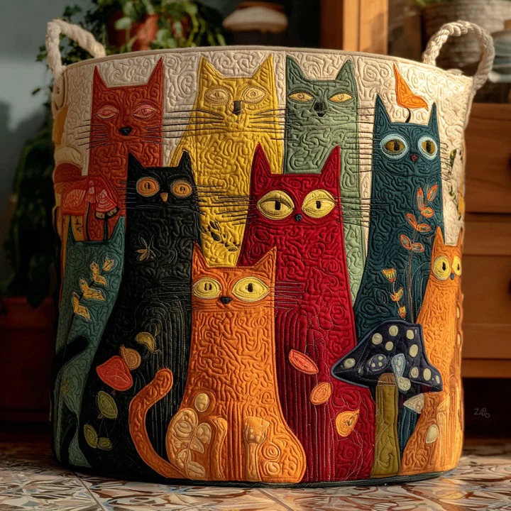 Forest Cat Gathering Quilted Laundry Basket Boho Woodland Cat Home Storage Gift For Cat Lovers