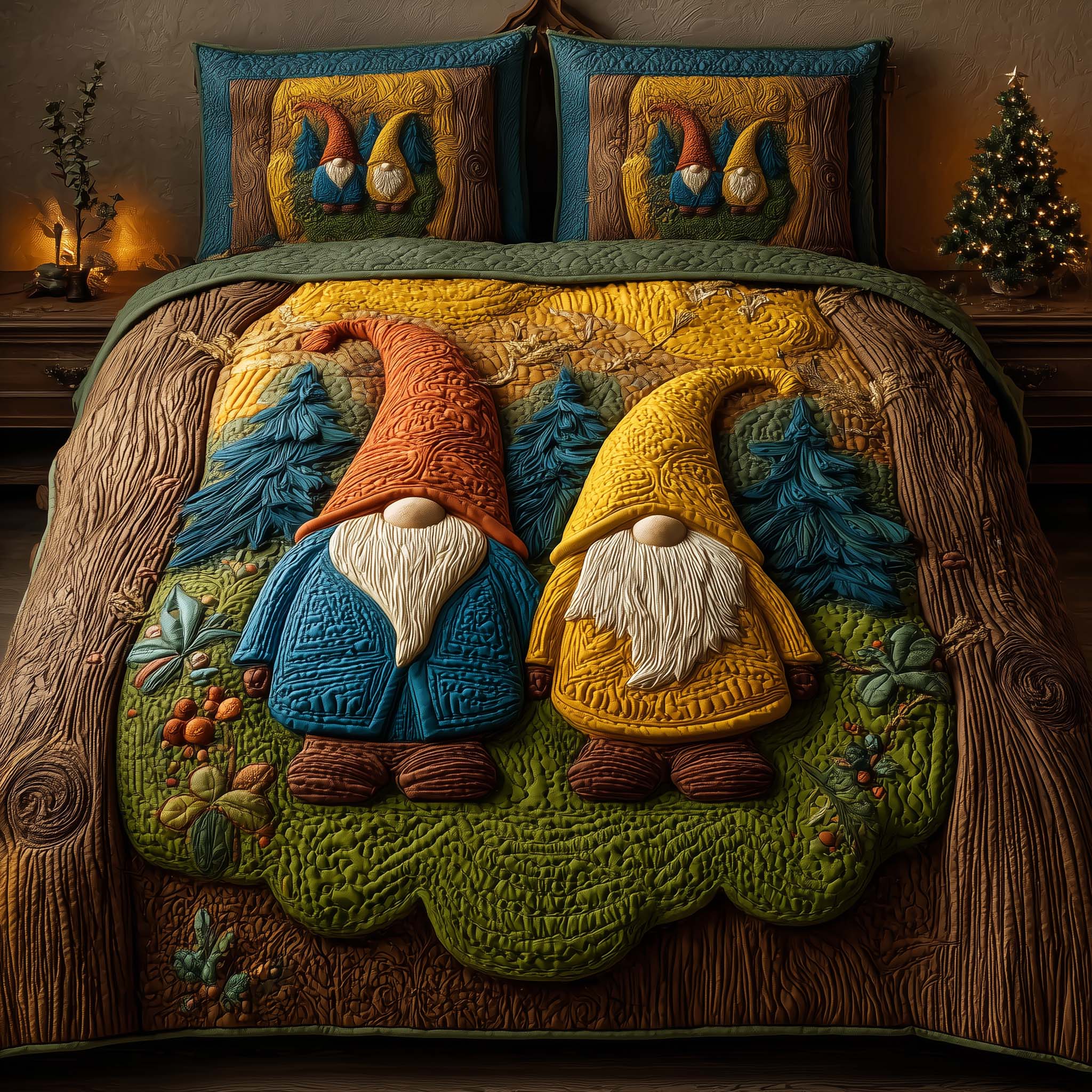Forest Gnomes Quilted Bedding Set Fantasy Woodland Bedroom Decor Gift For Gnome Lovers