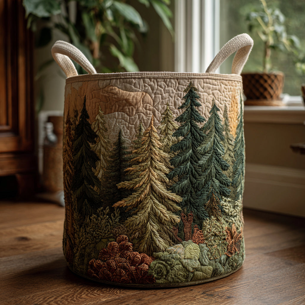 Forest Harmony Quilted Laundry Basket Evergreen Tree Basket Fabric New Home Gift