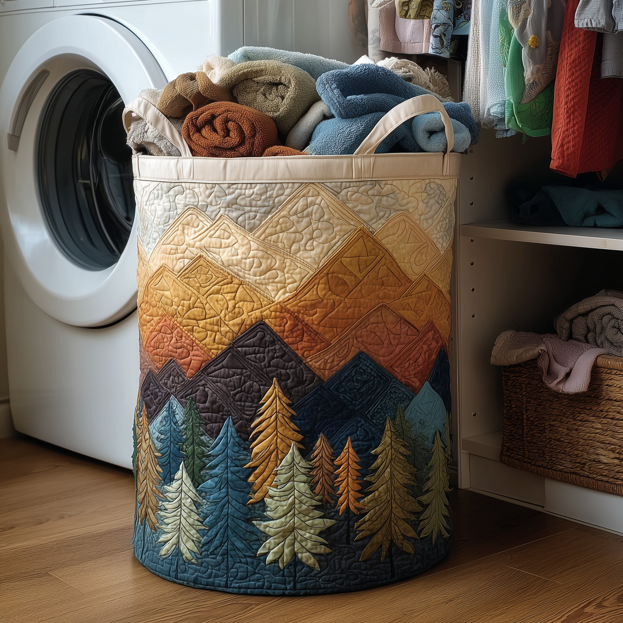 Forest Landscape Quilted Laundry Basket Foldable Fabric Clothes Basket Gift For Her