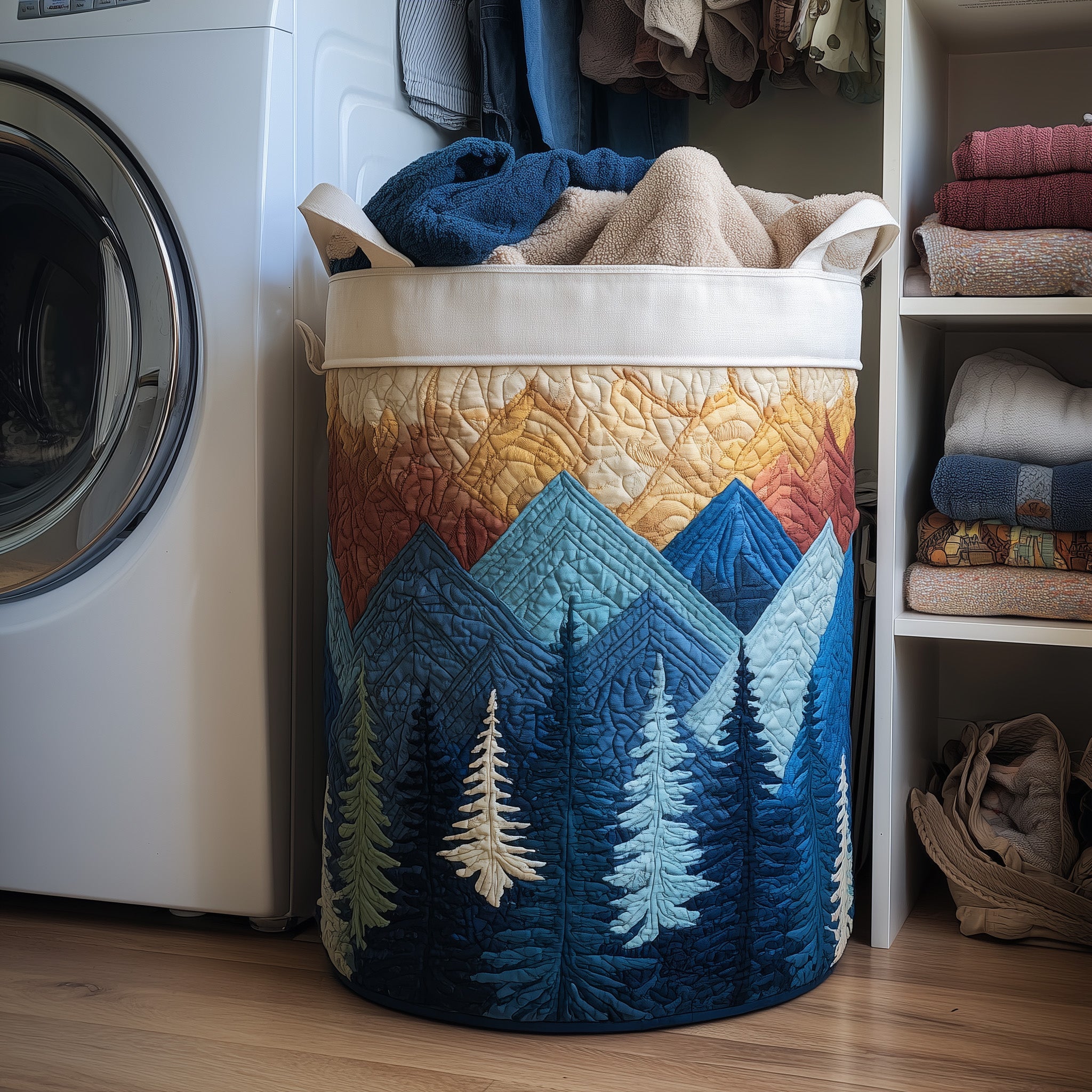 Forest Landscape Quilted Laundry Basket Foldable Fabric Clothes Basket Present For Family
