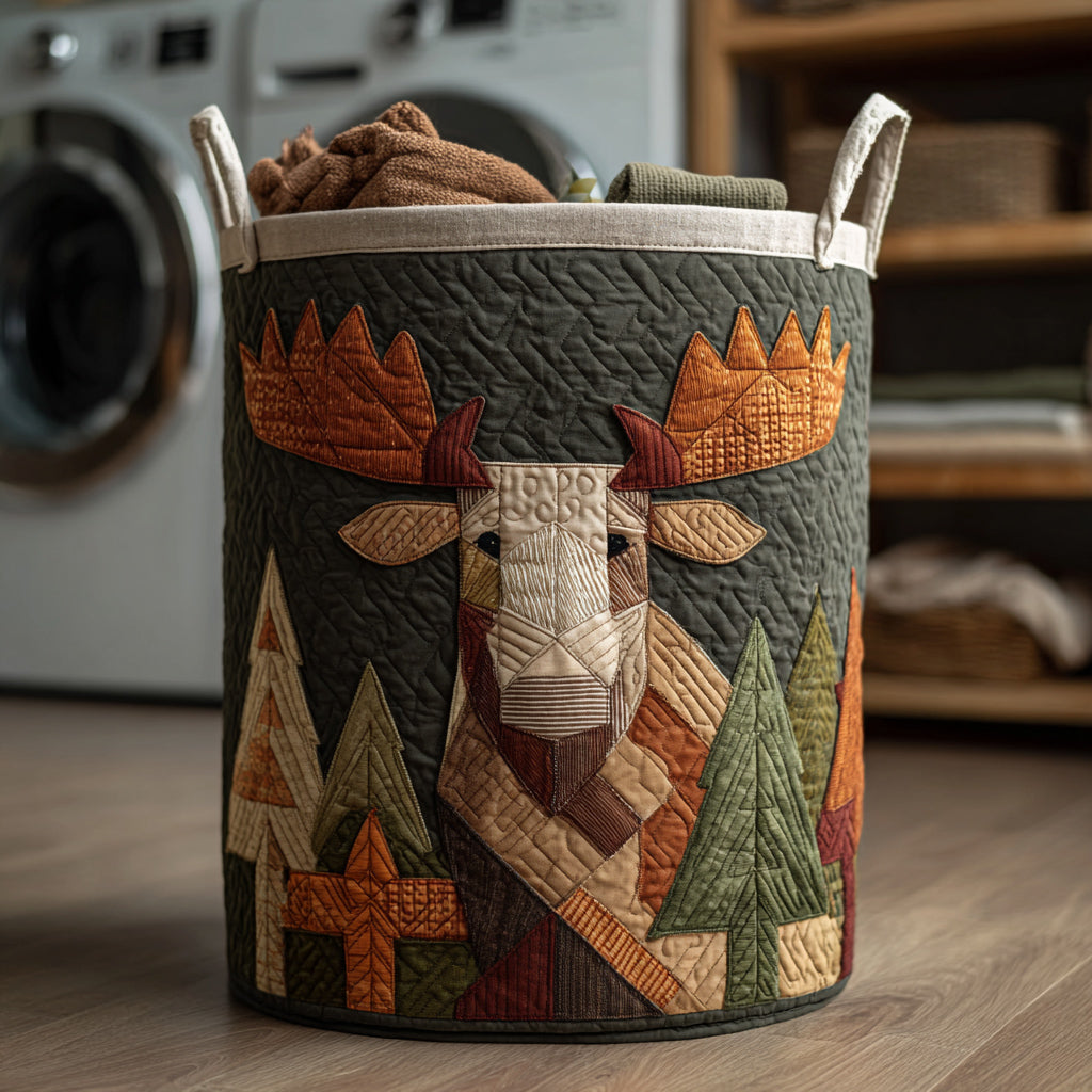 Forest Moose Quilted Laundry Basket Premium Quilted Laundry Basket with Sturdy Handles