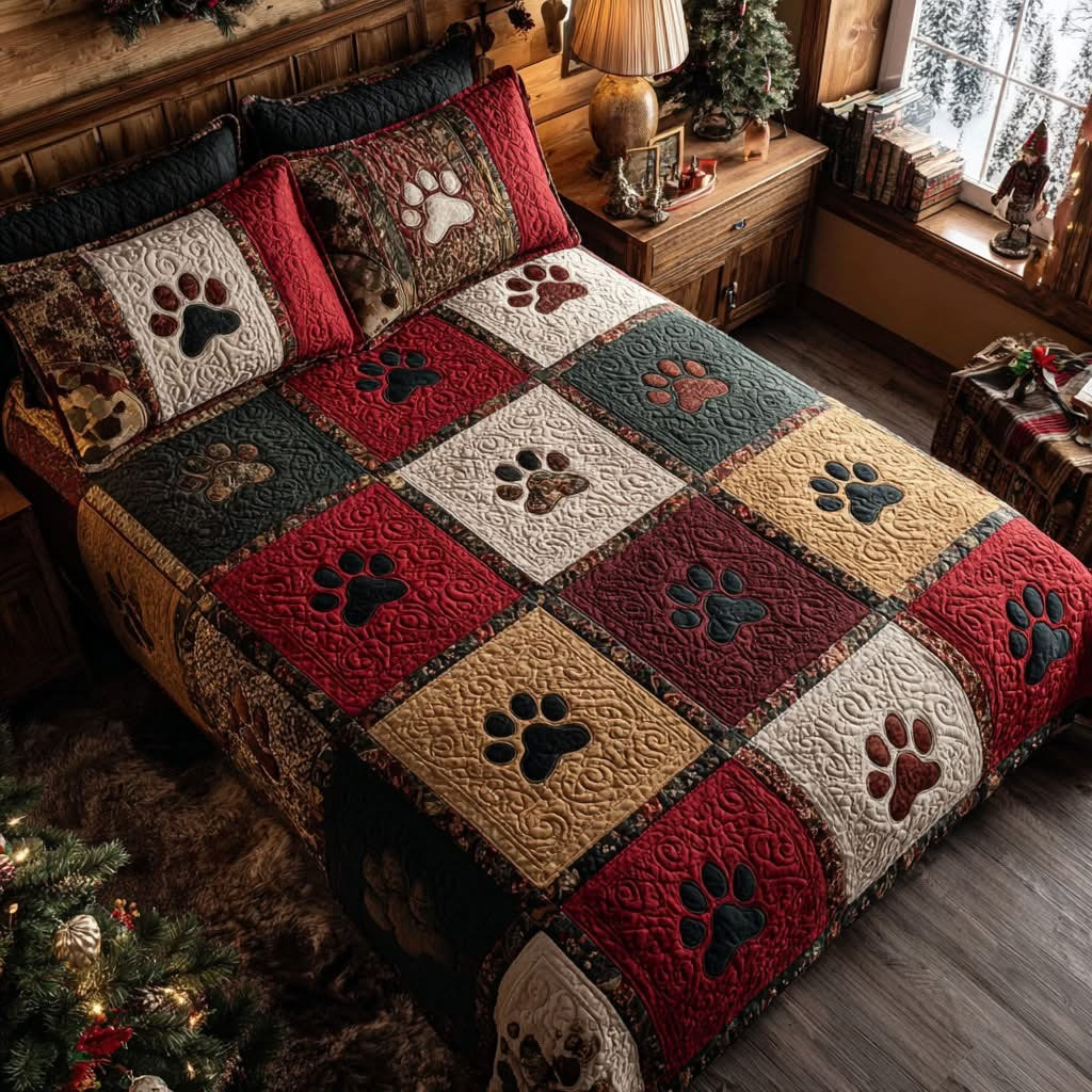 Forest Paws Quilted Bedding Set Vintage Paws Patchwork Gifts For Pet Lovers Owners