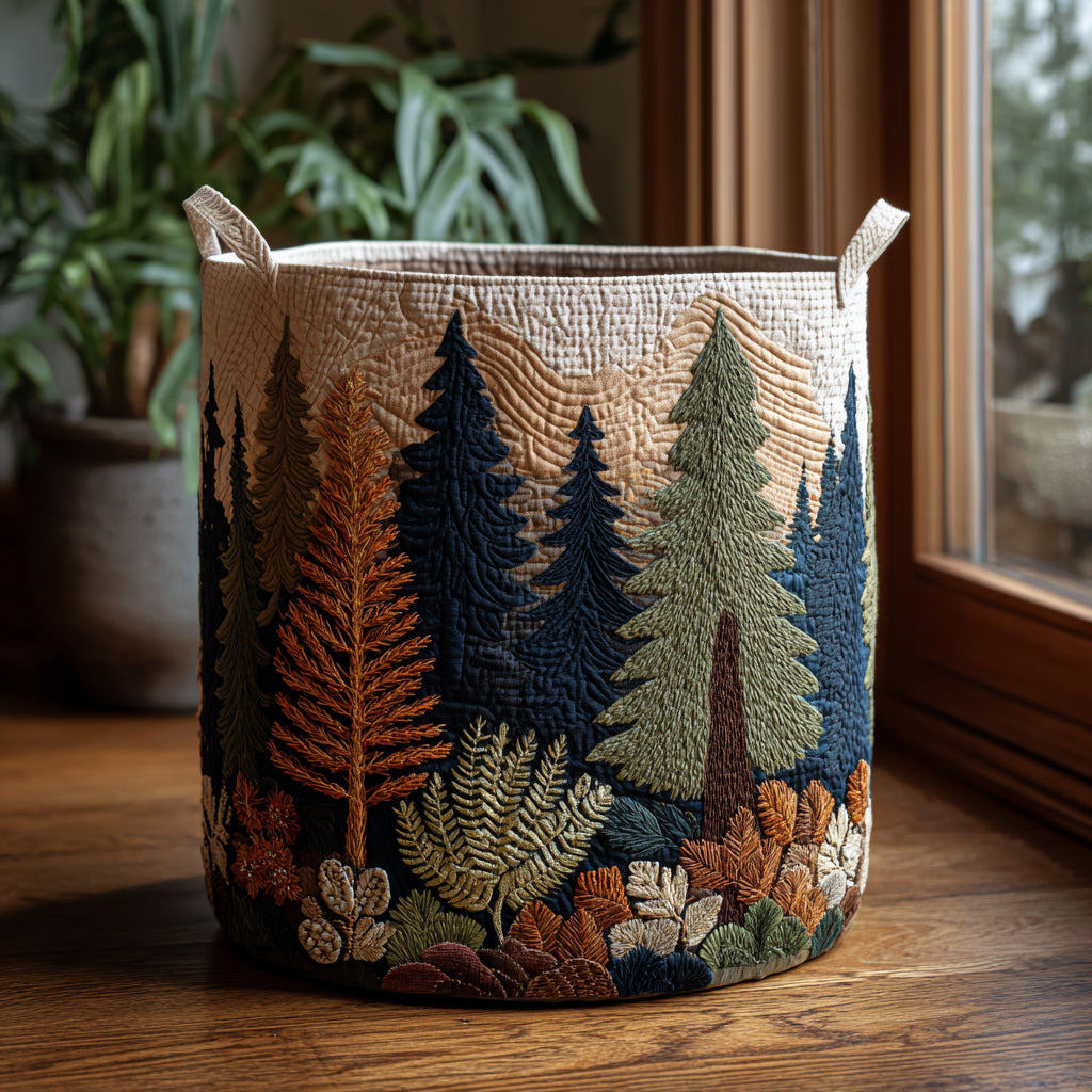 Forest Retreat Quilted Laundry Basket Pine Tree Landscape Washing Basket Gift For Him
