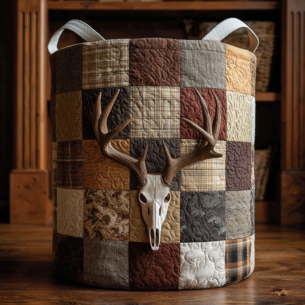 Forest Spirit Quilted Laundry Basket Deer Skull Patchwork Clothes Hamper Rustic Cabin Gift