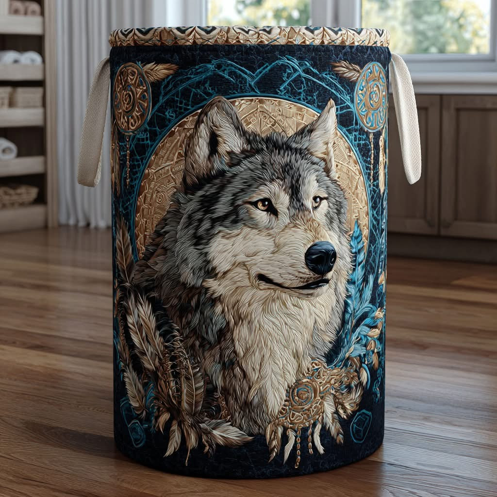 Forest Wolf Quilted Laundry Blanket Tribal Style Storage Baskets Gifts For Wolf Lovers