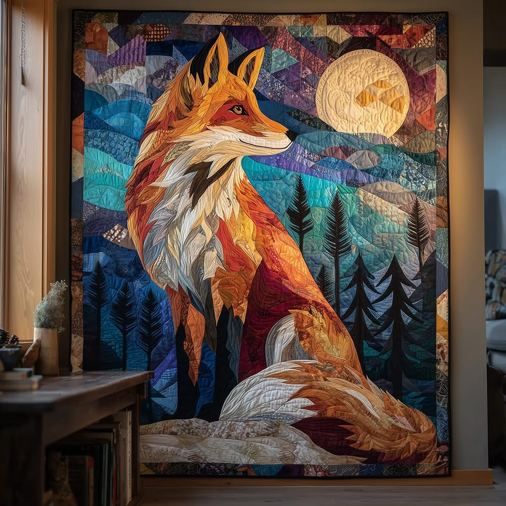 Fox Lunar Quilted Blanket Unique Christmas Items Present For Fox Lovers
