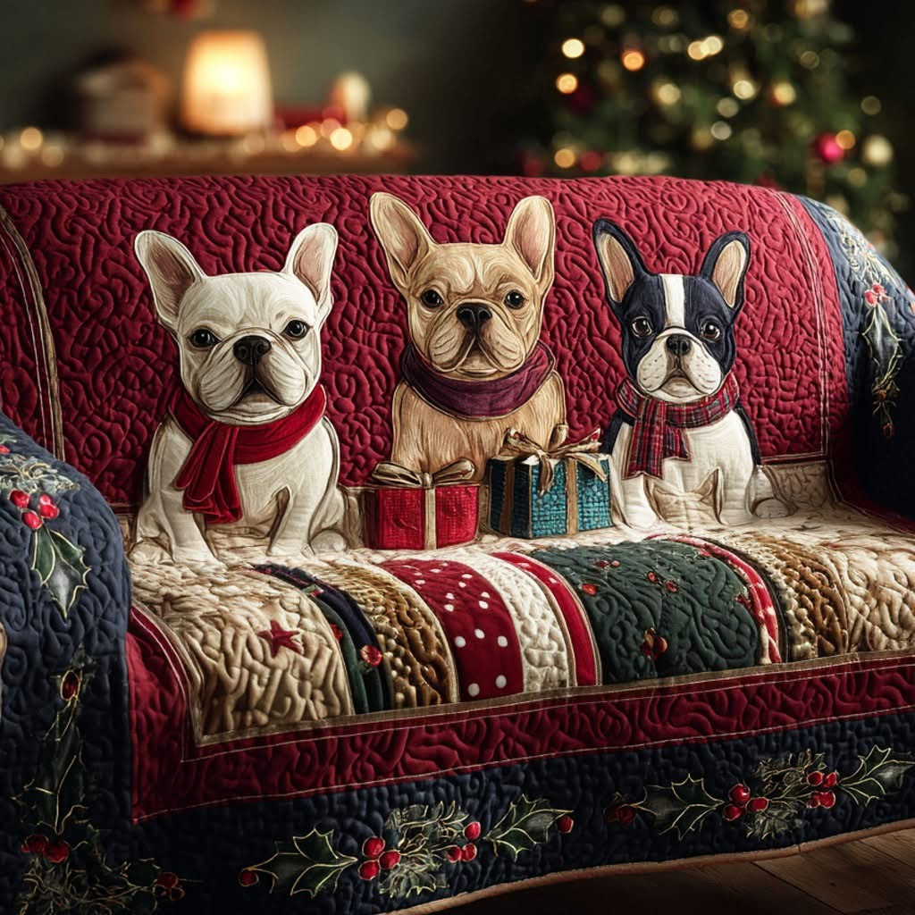 French Bulldogs Quilted Sofa Cover Christmas Couch Decor Gifts For French Bulldog Owners