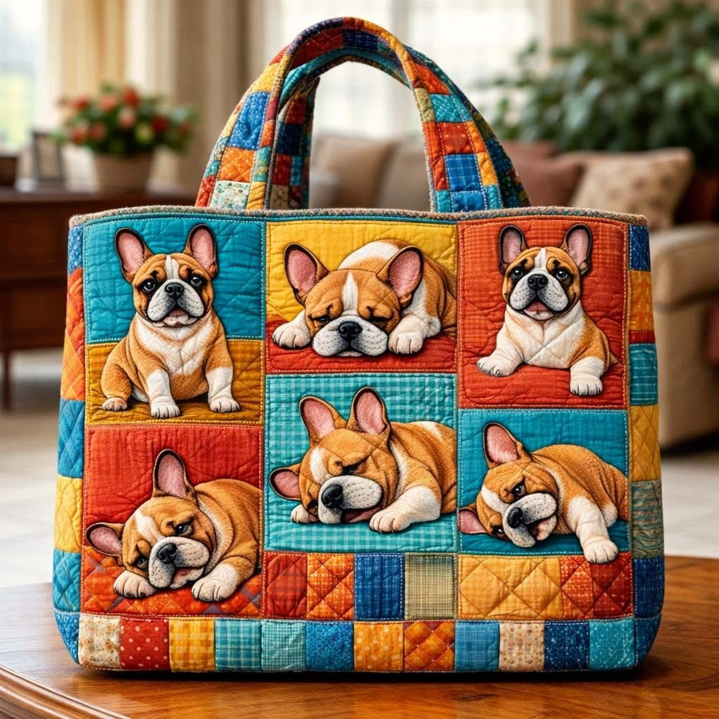 Frenchie Bulldog Quilted Tote Bag Cute Dog Patchwork Tote Bag Gifts For Bulldog Lovers