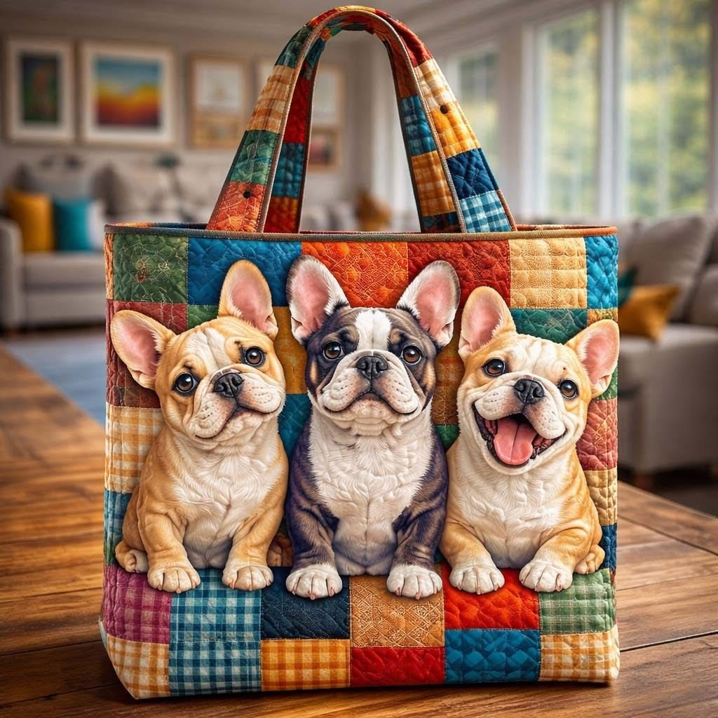Frenchie Bulldog Quilted Tote Bag Lovely Animal Patchwork Tote Bag Gifts For Bulldog Lovers