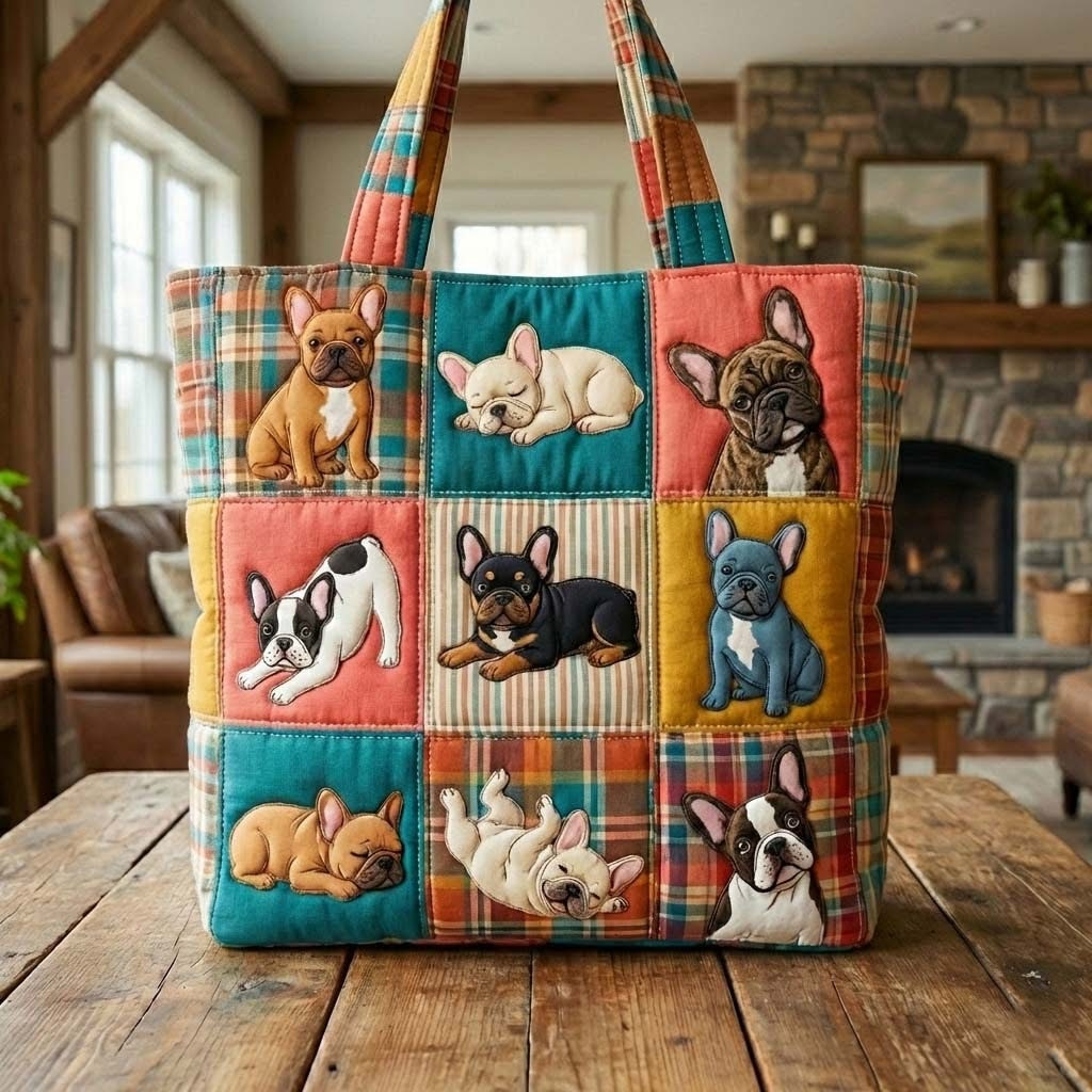 Frenchie Bulldog Quilted Tote Bag Patchwork Shoulder Bag For Women Frenchie Bulldog Lover Gifts