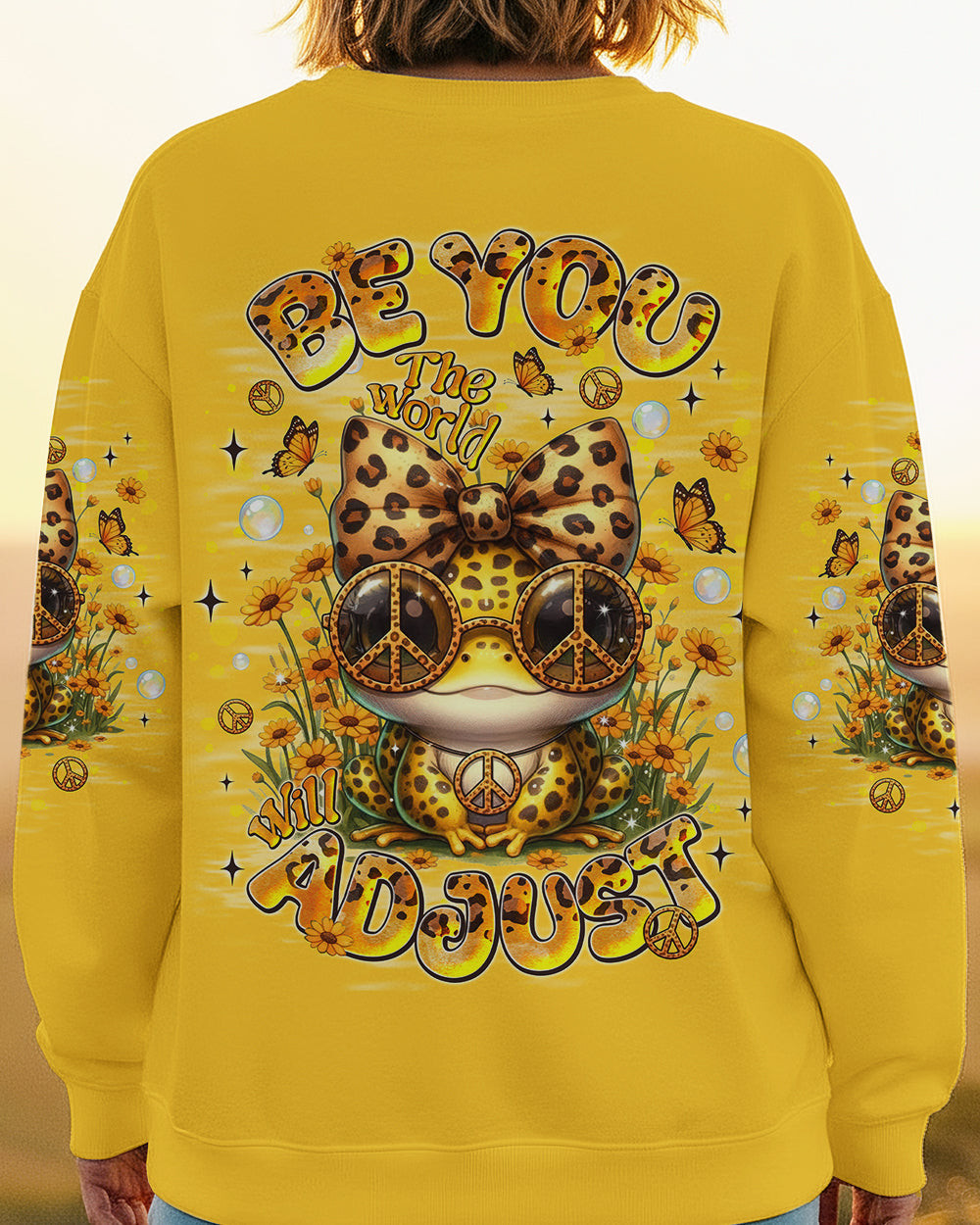 Frog Be You The World Will Adjust Sweatshirt Peace Sign Frog With Leopard Bow Present For Her