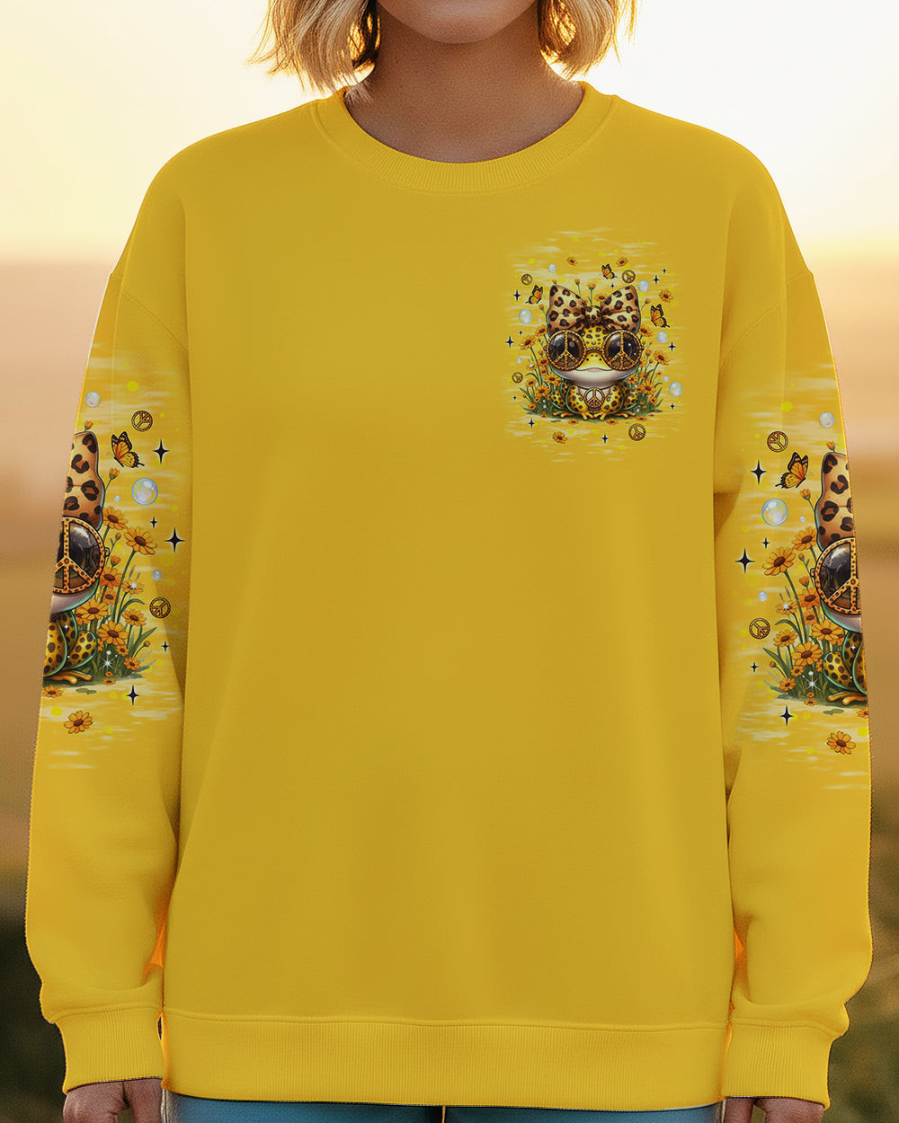 Frog Be You The World Will Adjust Sweatshirt Peace Sign Frog With Leopard Bow Present For Her - Image 2
