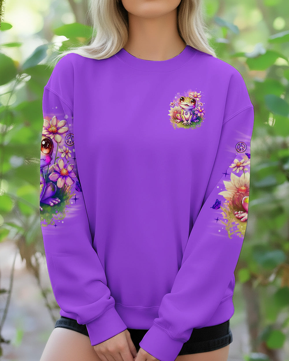 Frog Be You The World Will Adjust Sweatshirt Purple Frog With Peace Symbols Flowers For Wife - Image 2