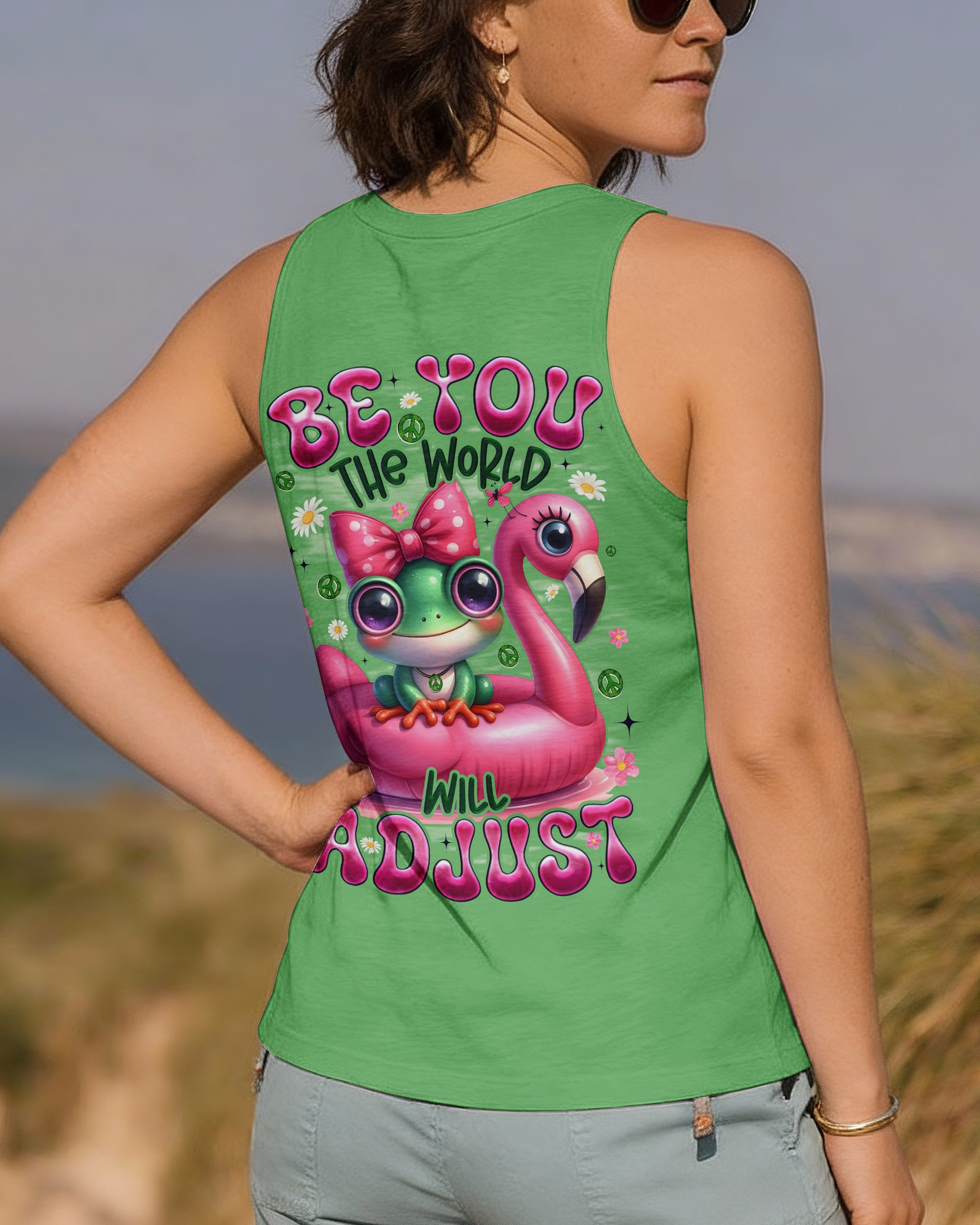 Frog Be You The World Will Adjust Tank Top Colorful Frog With Flamingo Bow Tee Gift For Sister