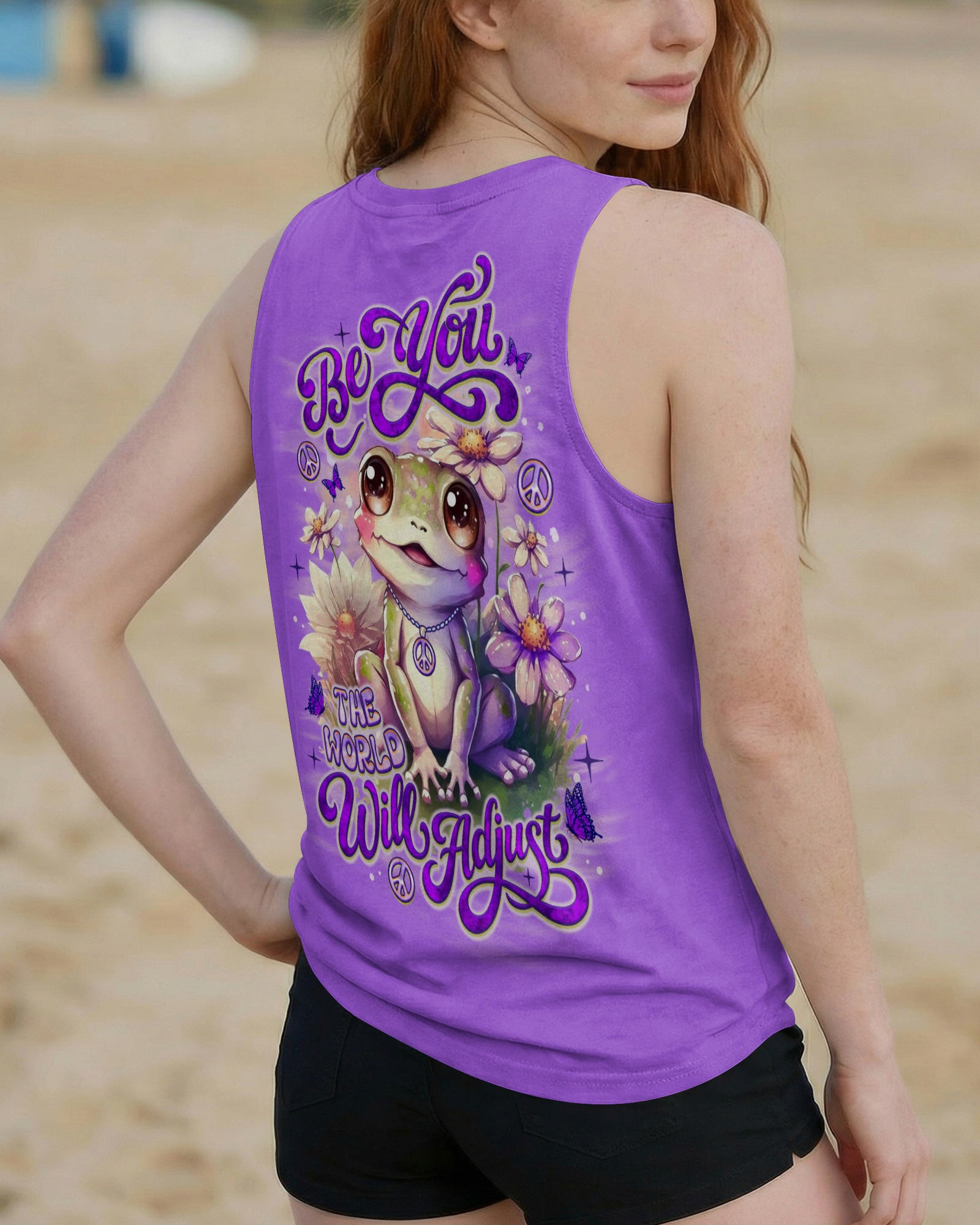 Frog Be You The World Will Adjust Tank Top Purple Frog With Peace Symbols Flowers Gift For Her