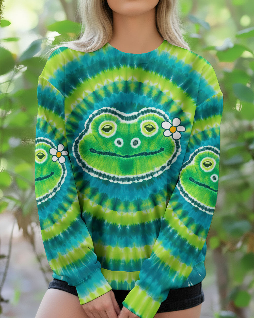 Frog Be You The World Will Adjust Tie-Dye Sweatshirt Fun Smiling Frog With Daisy For Sister - Image 2