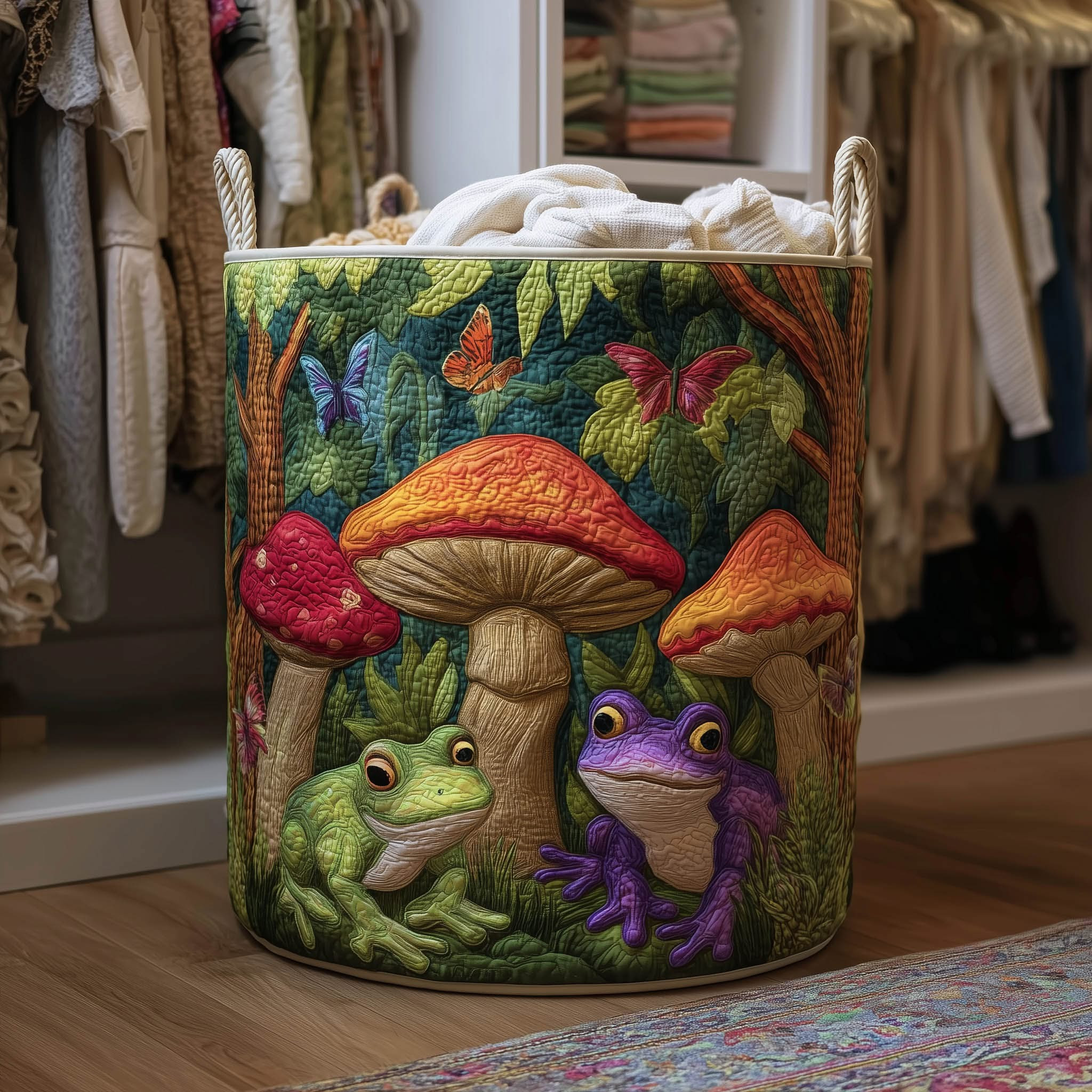Frog Mushroom Garden Quilted Laundry Basket Colorful Forest Laundry Basket Home Decor