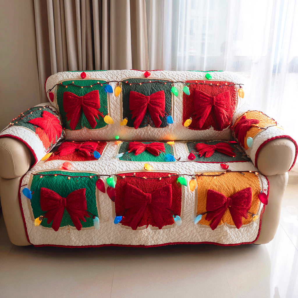 Frosty Bow Light Quilted Sofa Cover Holiday Living Room Decor Presents For Mother In Law