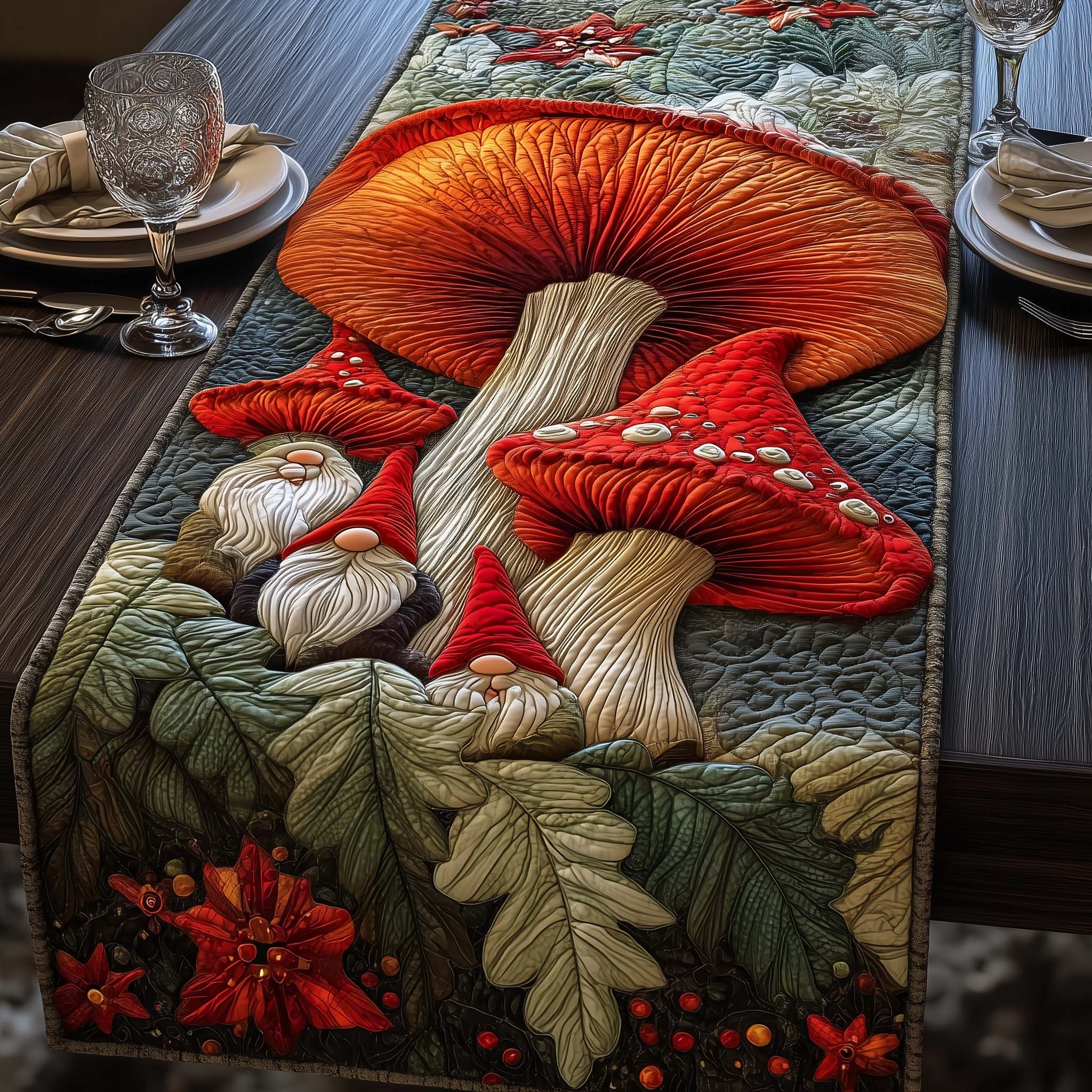 Fungus Gnomes Quilted Table Runner Rustic Kitchen Dining Decor Gift For Cozy Family Home