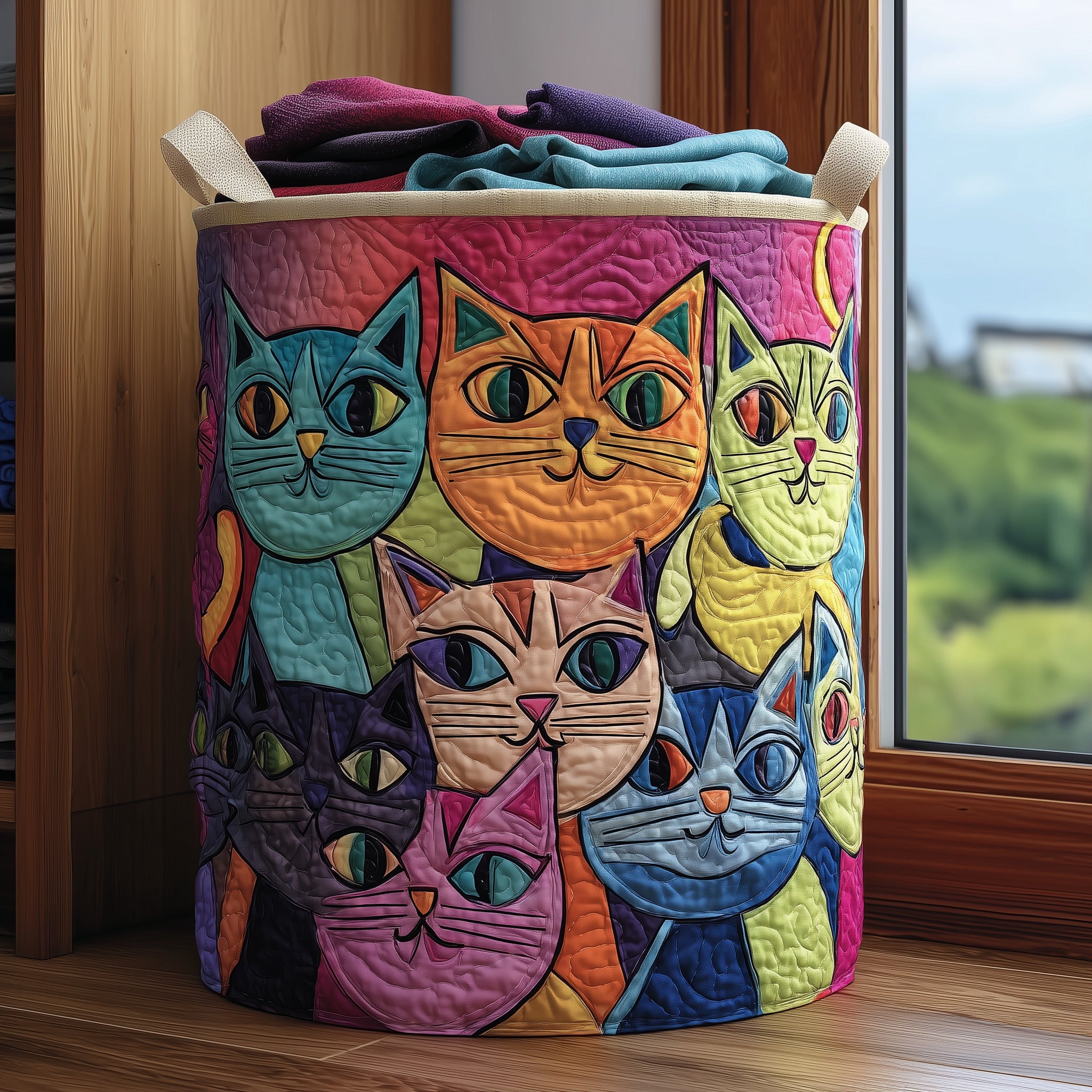 Funky Cat Quilted Laundry Basket Fabric Clothes Basket Storage Gift For Her