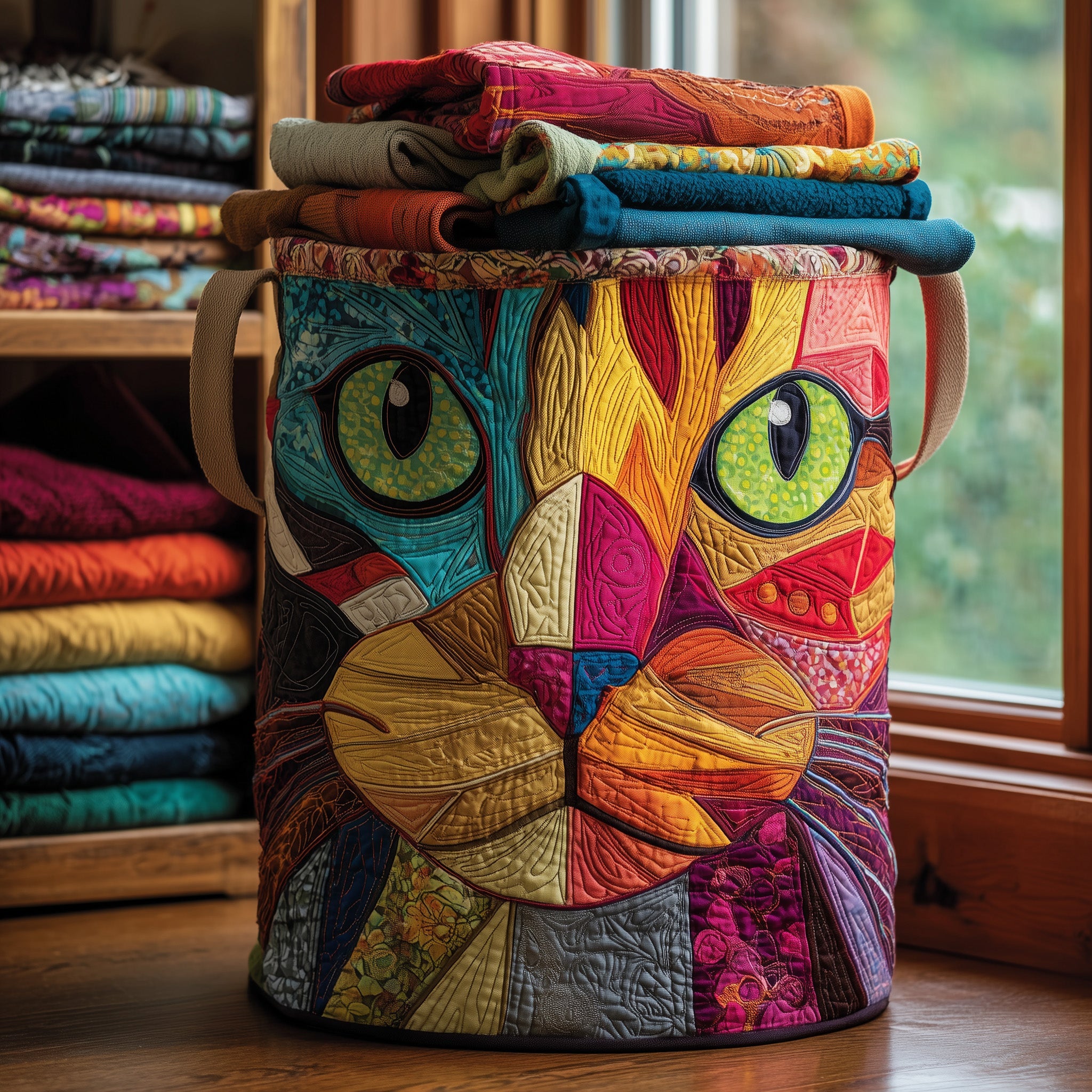 Funky Cat Quilted Laundry Basket Fabric Clothes Basket Storage Gift For Loved Ones