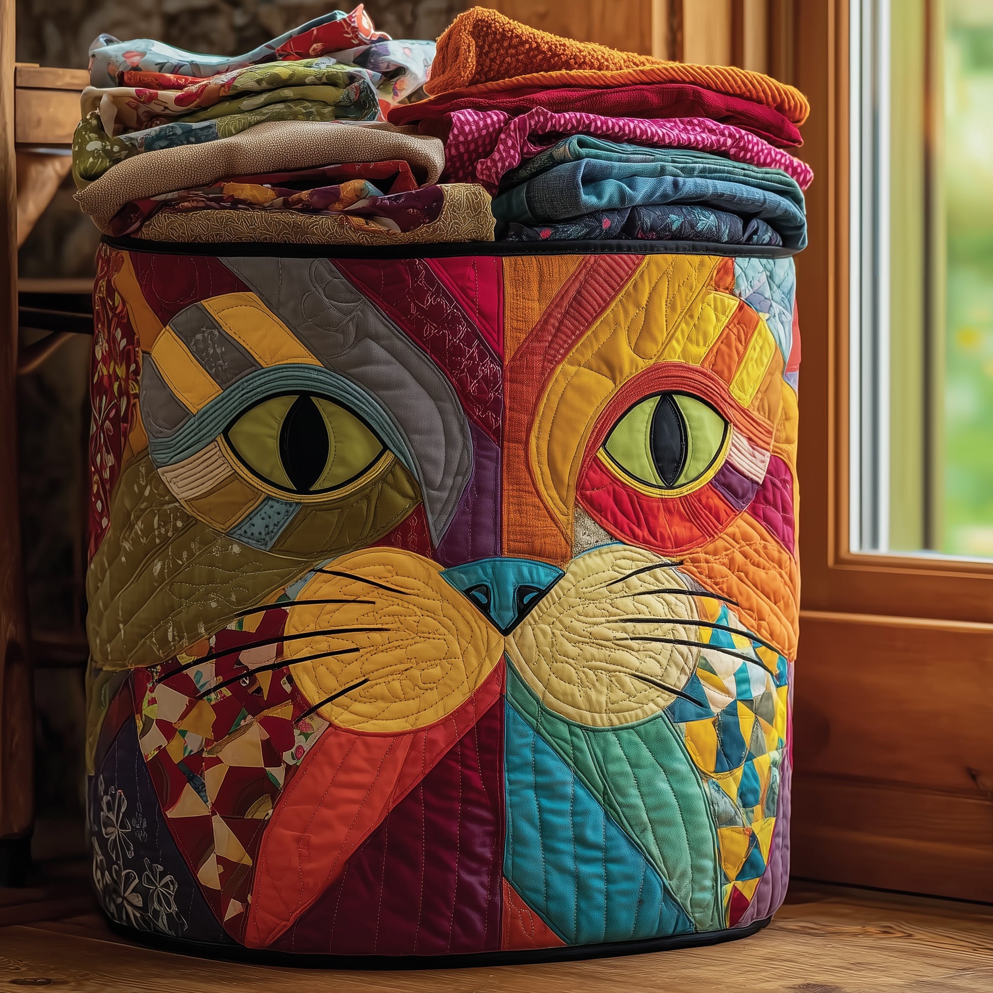 Funky Cat Quilted Laundry Basket Fabric Clothes Basket Storage Present For Mom