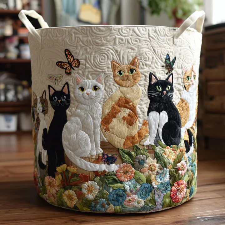 Garden Cats Quilted Laundry Basket Floral Cat Lover Storage Bin Best Gift For Her