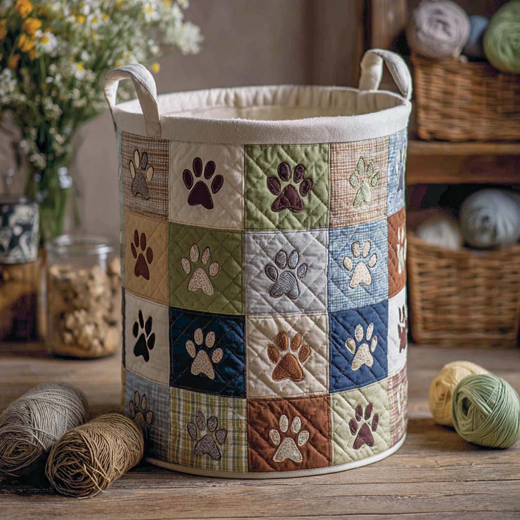 Garden Paw Block Quilted Laundry Basket Patchwork Dog Paw Hamper Fabric Pet Lover Gift
