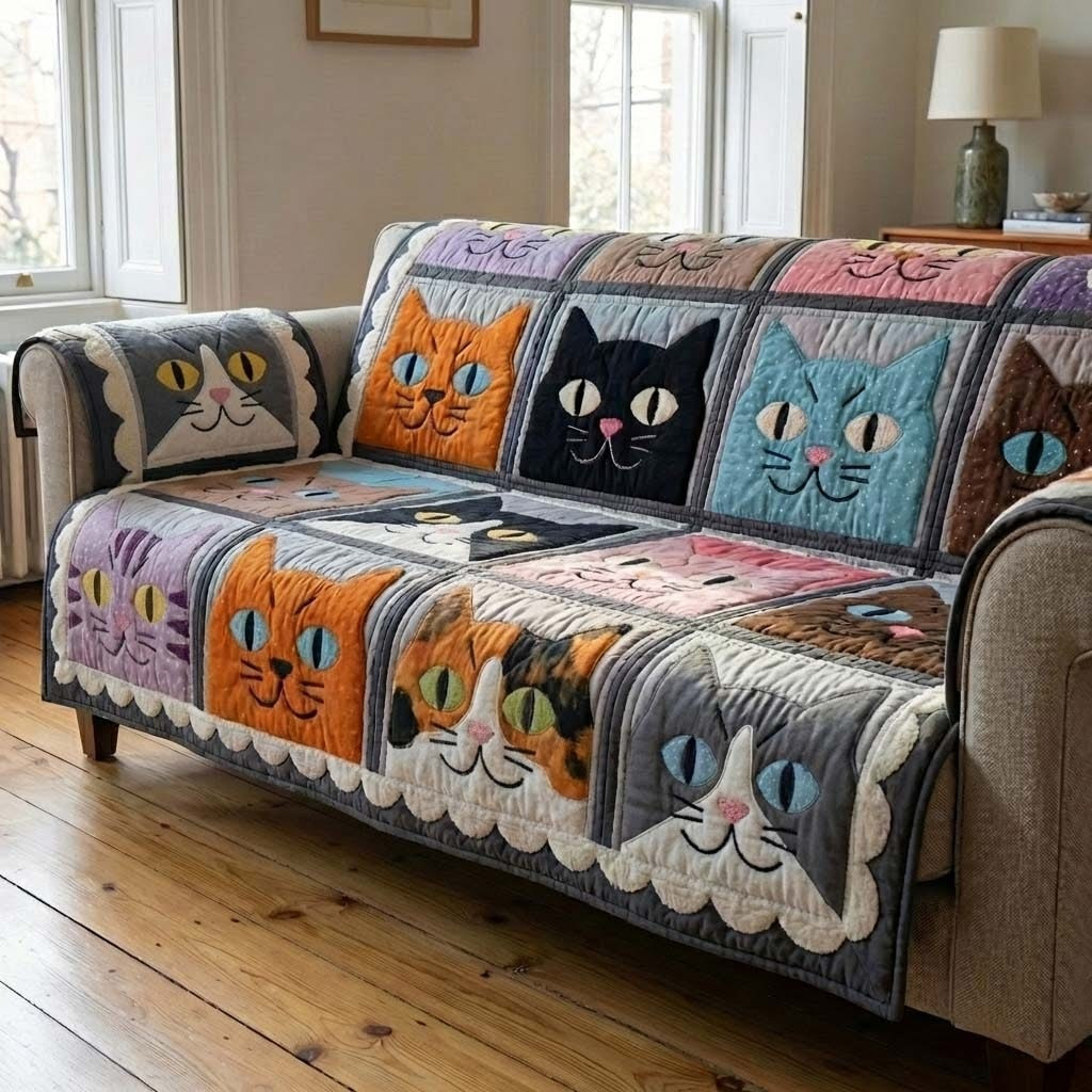 Gaze Cat Patchwork Quilted Sofa Cover Whimsical Kitty Sofa Protector Gift For Cat Mom