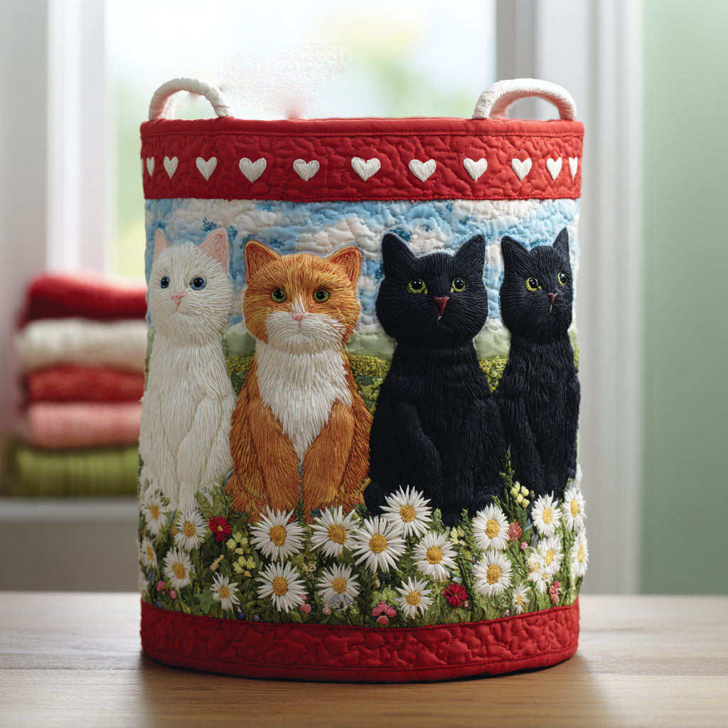 Gentle Cat Quilted Laundry Basket Cute Cat Daisy Basket Cat Lover Home Decor Gift