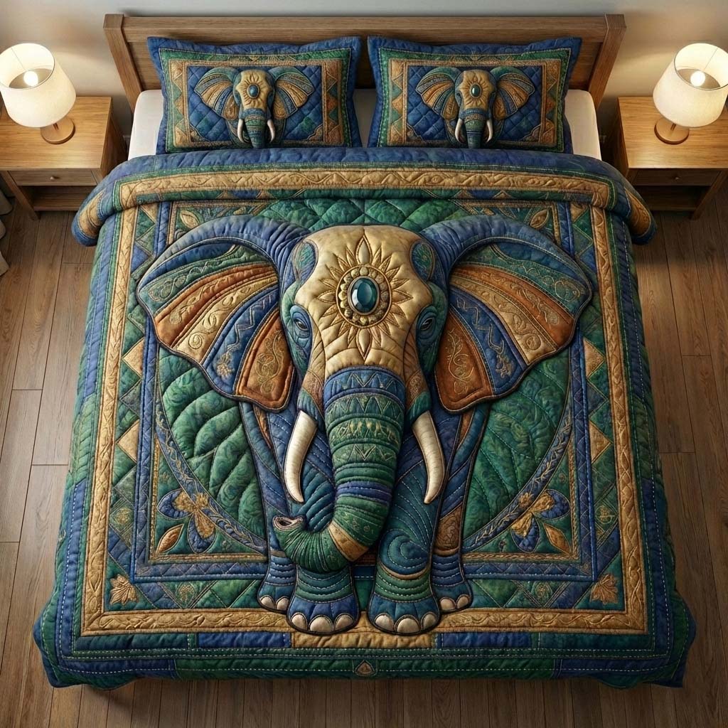 Gentle Jumbo Quilted Bedding Set Wildlife Elephant Bedroom Decor Gift For Elephant Lovers