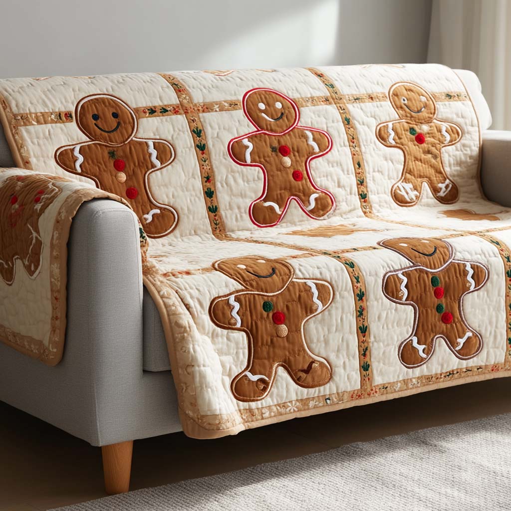 Gingerbread Joy Quilted Sofa Cover Winter Living Room Decor Best Gifts For Grandma