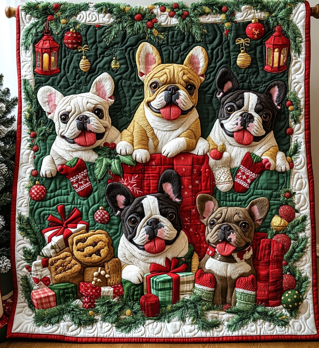 Gingerbread puppy Quilted Blanket Best King Size Sheets French Bulldog Christmas Decorations