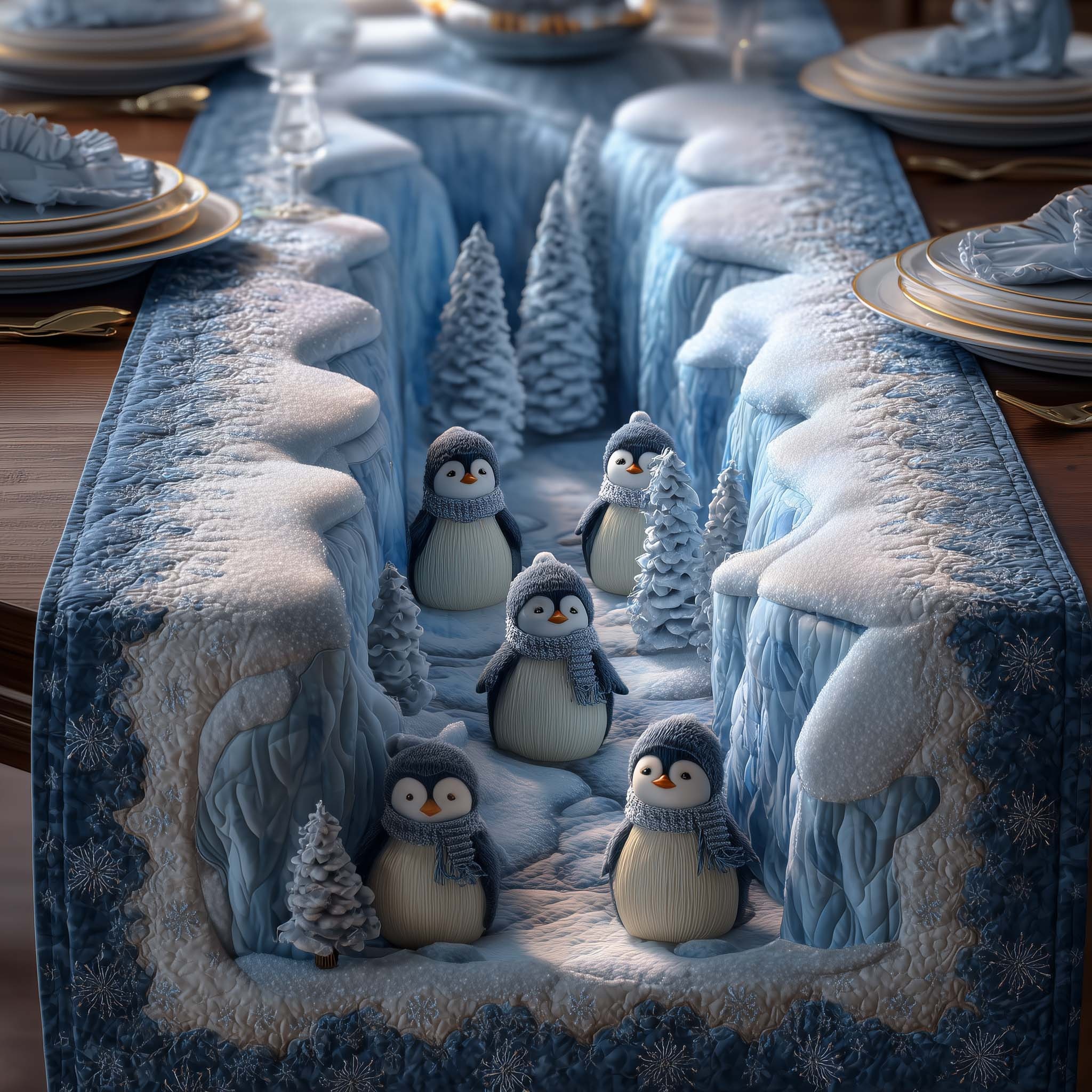 Glacier Penguin Quilted Table Runner Cozy Kitchen Table Decor Gift For Housewarming Family