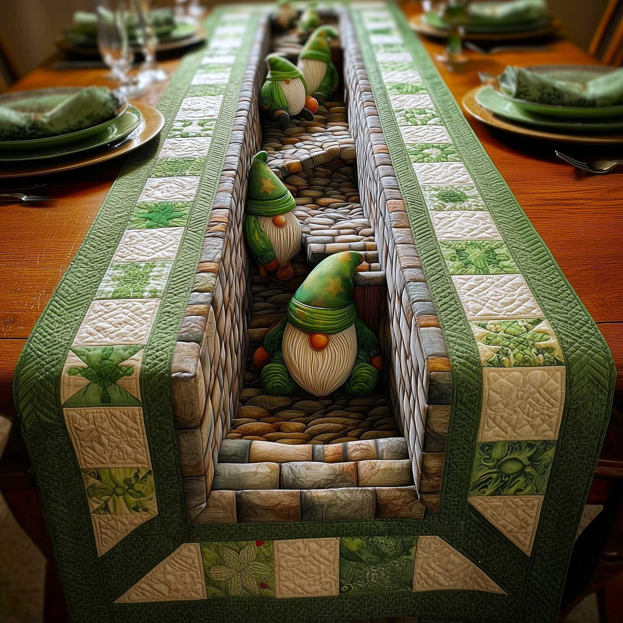 Gnome Fun Quilted Table Runner St Patrick's Day Dining Table Decor Irish Holiday Gifts