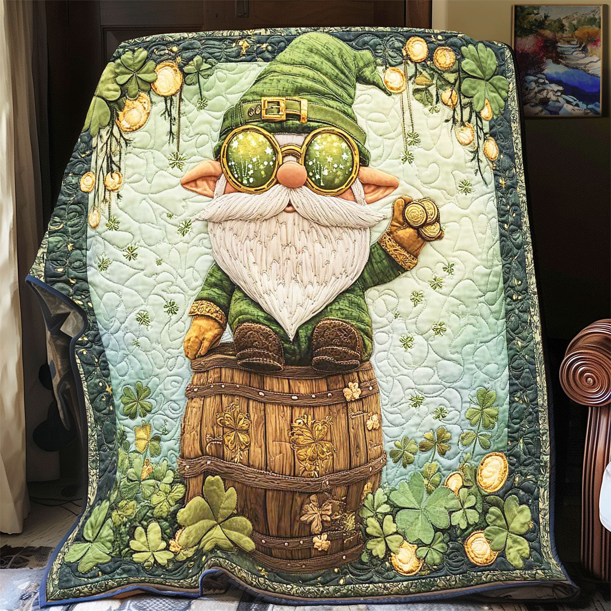 Gnome Gold Shamrock Quilt Blanket Cute Sofa Blanket Happy St Patrick'S Day Gifts