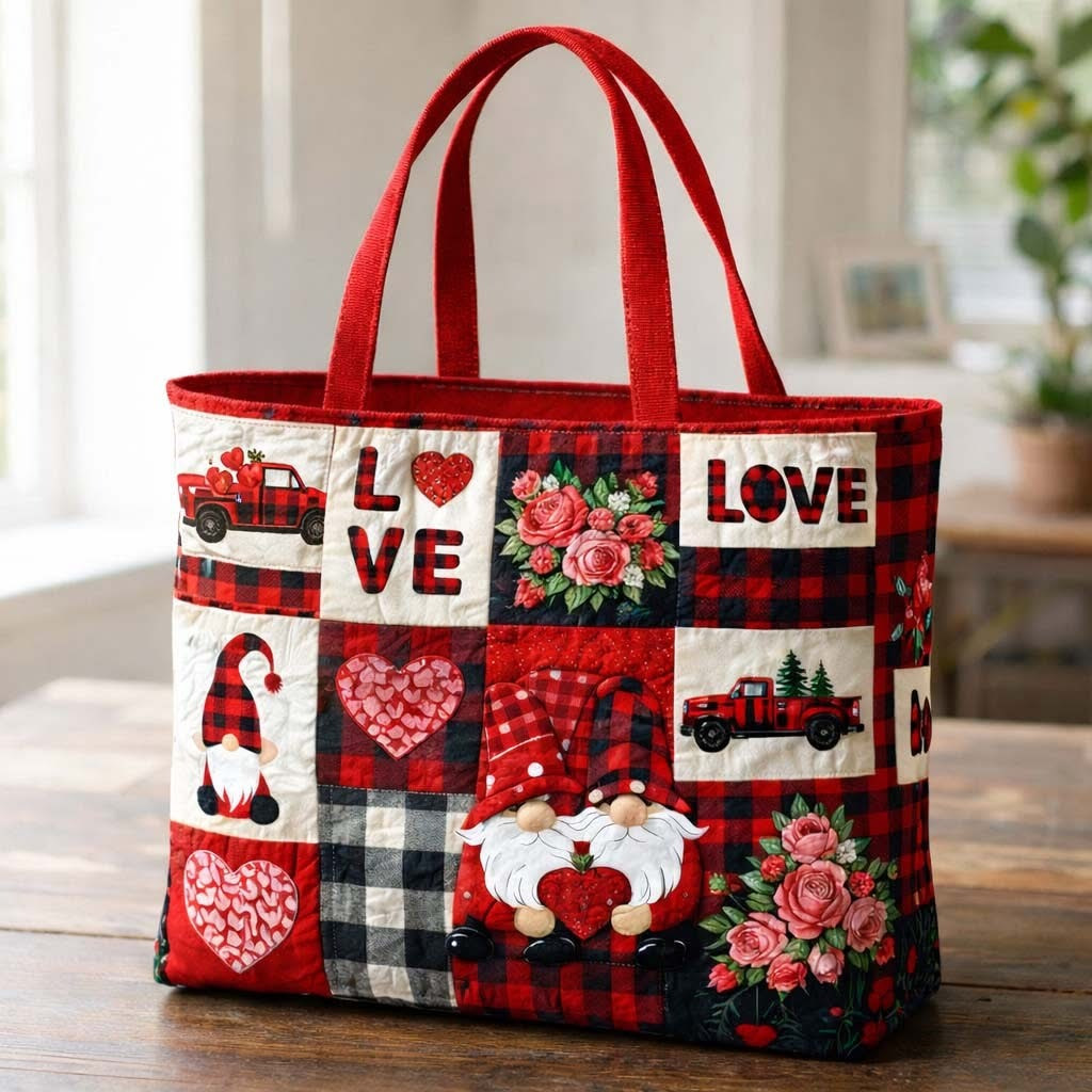 Gnome Love Plaid Patchwork Quilted Tote Bag Aesthetic Bag Valentine Day Gifts For Her