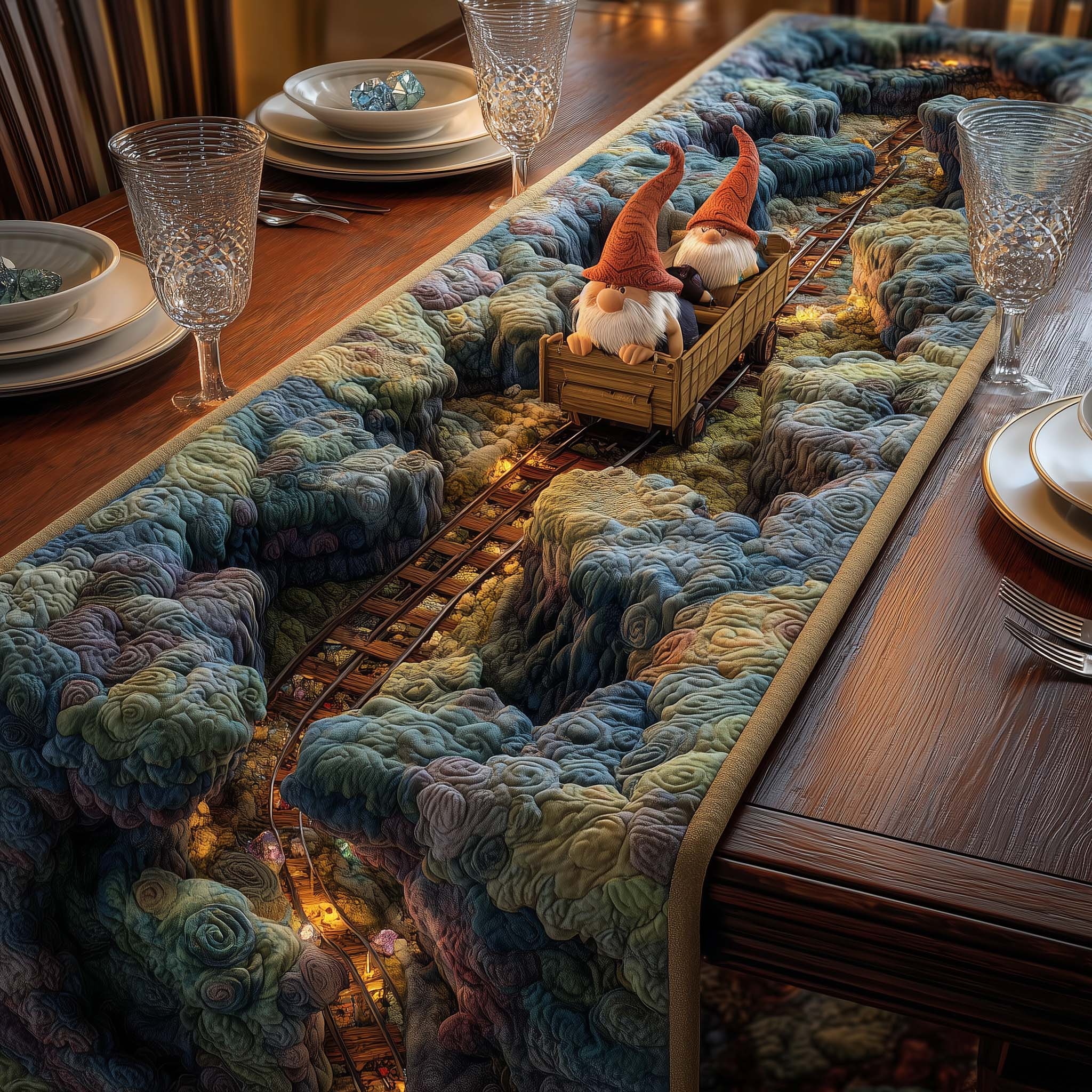 Gnome Train Quilted Table Runner Rustic Kitchen Dining Decor Gift For Cozy Family Home